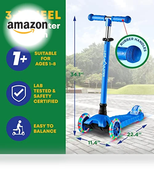 3 Wheel Kick Scooter for Kids with LED Lights and Adjustable Handlebar — Balance Bikes, Lifemaster