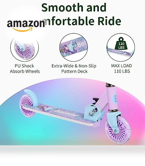 V2 Scooters for Kids with Light-Up Wheels & Adjustable Height, Foldable Kick Scooter for Children Ages 3-12 — Push Scooters, BELEEV