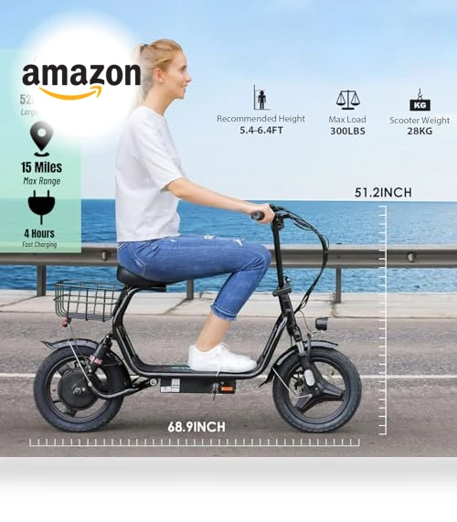Peak 1200W Electric Scooter with Seat, 30Miles Range, 20MPH Top Speed, Foldable — Electric Self-Balancing Scooters, Caroma
