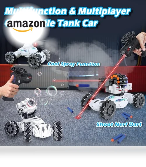 4 Head RC Tank Car with Nerf Bullets, Bubble, Spray, LED Light, Music — Toy Vehicles, VWAHNANA