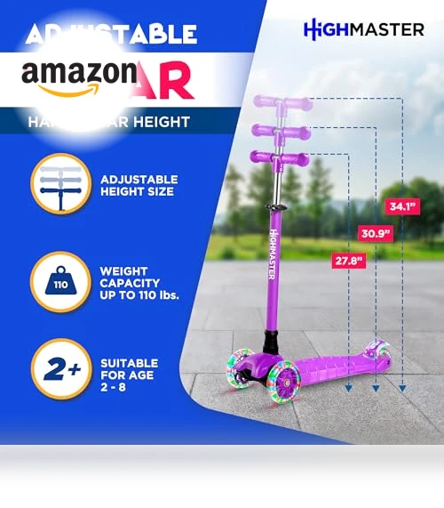 3 Wheel Kick Scooter for Kids with LED Lights and Adjustable Handlebar — Electric Vehicles, HighMaster