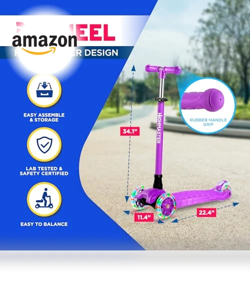 3 Wheel Kick Scooter for Kids with LED Lights and Adjustable Handlebar — Electric Vehicles, HighMaster