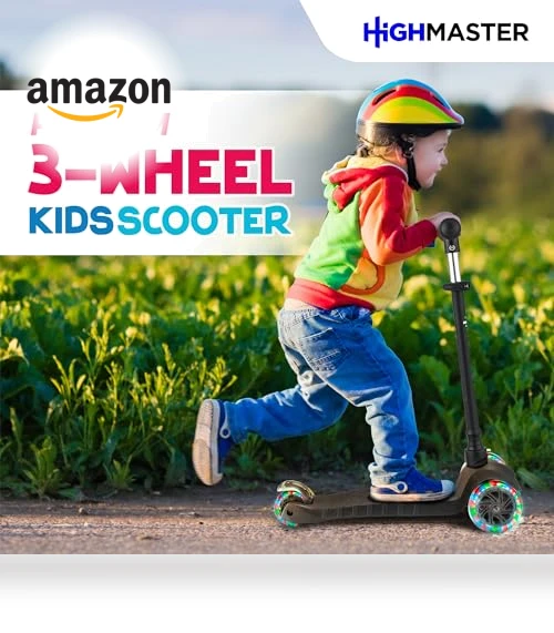 3 Wheel Kick Scooter for Kids with LED Lights and Adjustable Handlebar — Electric Vehicles, HighMaster