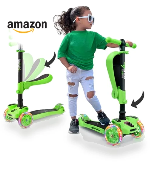 3-Wheeled Scooter for Kids with LED Lights and Foldable Seat — Balance Bikes, Hurtle