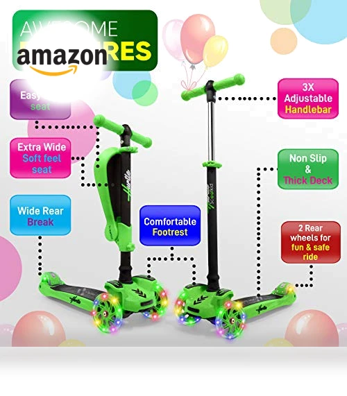 3-Wheeled Scooter for Kids with LED Lights and Foldable Seat — Balance Bikes, Hurtle