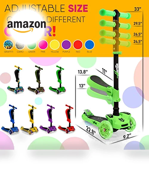 3-Wheeled Scooter for Kids with LED Lights and Foldable Seat — Balance Bikes, Hurtle