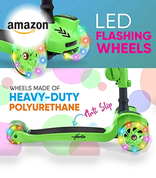 3-Wheeled Scooter for Kids with LED Lights and Foldable Seat — Balance Bikes, Hurtle