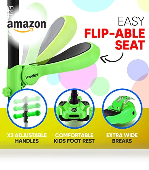 3-Wheeled Scooter for Kids with LED Lights and Foldable Seat — Balance Bikes, Hurtle