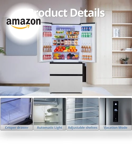 French Door Refrigerator, 18.8Cu.Ft Large Capacity Kitchen Fridge — Mini Fridges, PioneerWorks