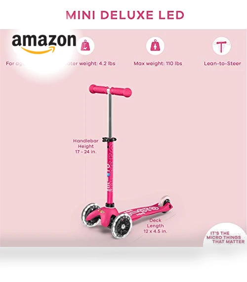 Mini Deluxe LED Three-Wheeled Lean-to-Steer Scooter — Balance Bikes, Micro