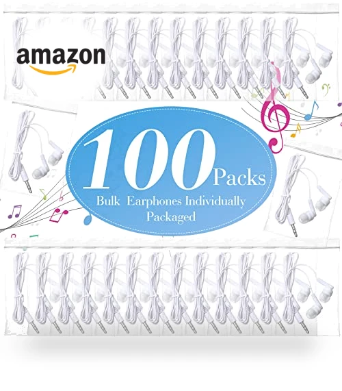 100 Pack Wired Earbuds Bulk for Classroom, No Microphone, 3.5MM Jack — In-Ear Headphones, Kanayu