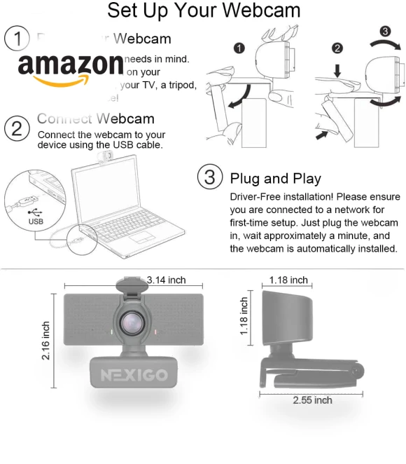 1080P Webcam with Microphone, Adjustable FOV, Zoom & Privacy Cover — Video Cameras, NexiGo