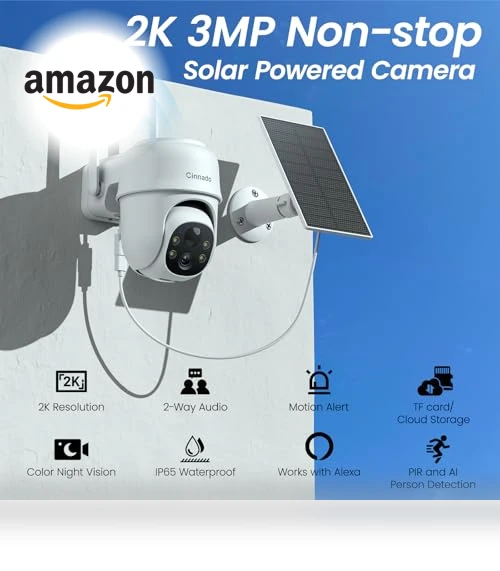 2K Outdoor Security Camera with Solar Power, 360° Viewing, Human Detection — Smart Home Security, cinnado
