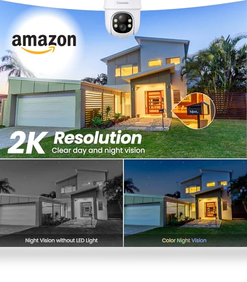 2K Outdoor Security Camera with Solar Power, 360° Viewing, Human Detection — Smart Home Security, cinnado