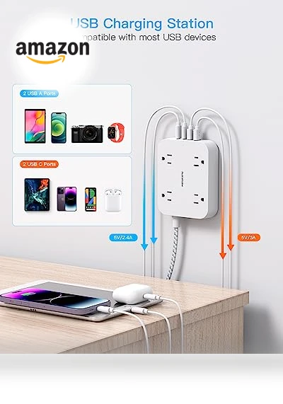5ft Power Strip with 4 USB Ports (2 USB C) and 4 Outlets — Power Solutions & Surge Protection, HANYCONY