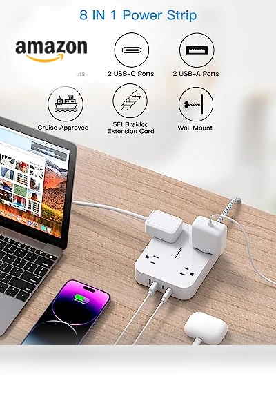 5ft Power Strip with 4 USB Ports (2 USB C) and 4 Outlets — Power Solutions & Surge Protection, HANYCONY