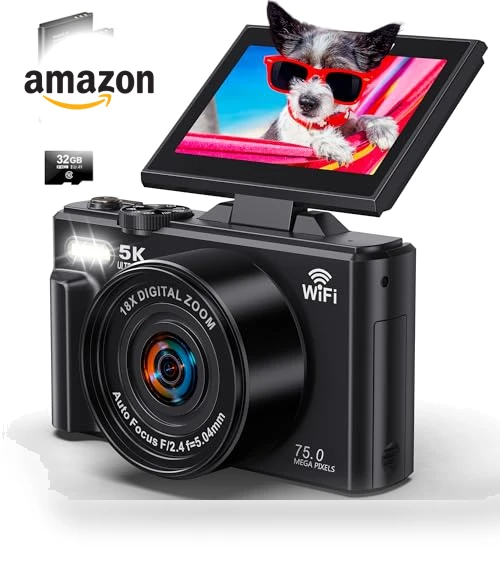 5K UHD & 75MP Digital Camera with WiFi, 18X Zoom, Flip Screen — Compact Digital Cameras