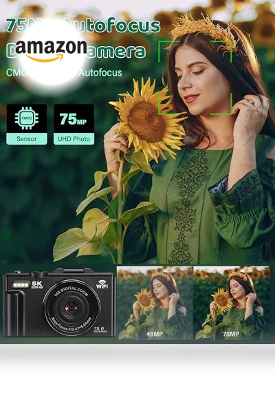 5K UHD & 75MP Digital Camera with WiFi, 18X Zoom, Flip Screen — Compact Digital Cameras