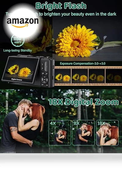 5K UHD & 75MP Digital Camera with WiFi, 18X Zoom, Flip Screen — Compact Digital Cameras