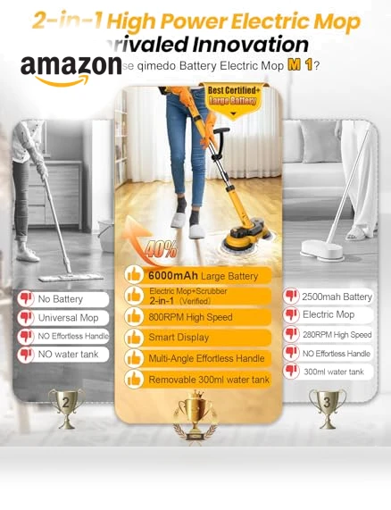 6000mAh Battery Electric Mop with Smart Display and LED Light — Cordless Vacuums & Sweepers, qimedo