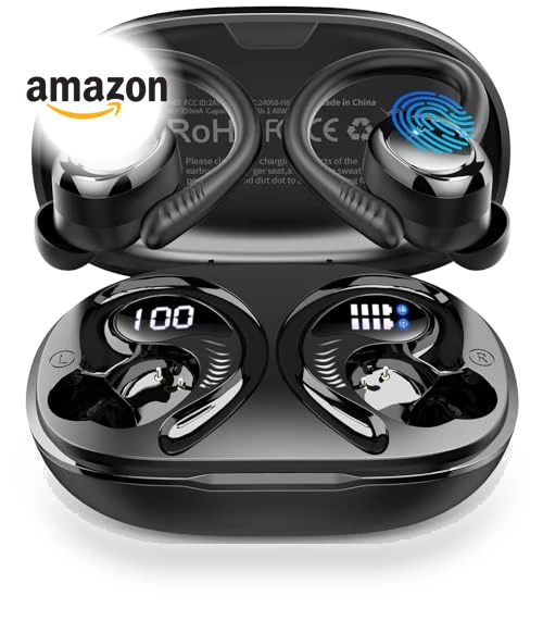 Bluetooth 5.4 Wireless Earbuds with Earhooks, 50H Playtime, ENC Noise Canceling, IP7 Waterproof — In-Ear Headphones, Hupoaf