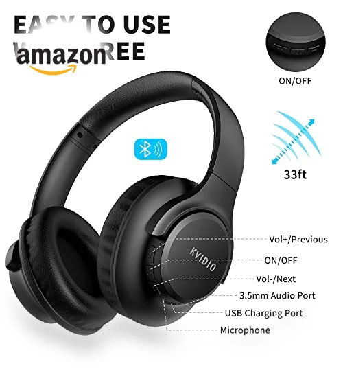 Bluetooth Headphones Over Ear, 65 Hours Playtime with Deep Bass — In-Ear Headphones, KVIDIO
