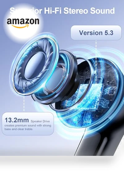 Bluetooth Wireless Earbuds with Deep Bass, 40H Playtime, IPX7 Waterproof — In-Ear Headphones, Daximen
