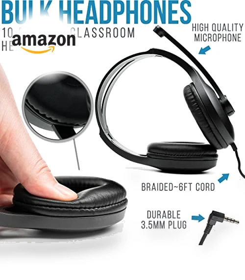Classroom Headphones With Microphone (10 Pack) - Durable On-Ear Design for Students — In-Ear Headphones, Barks
