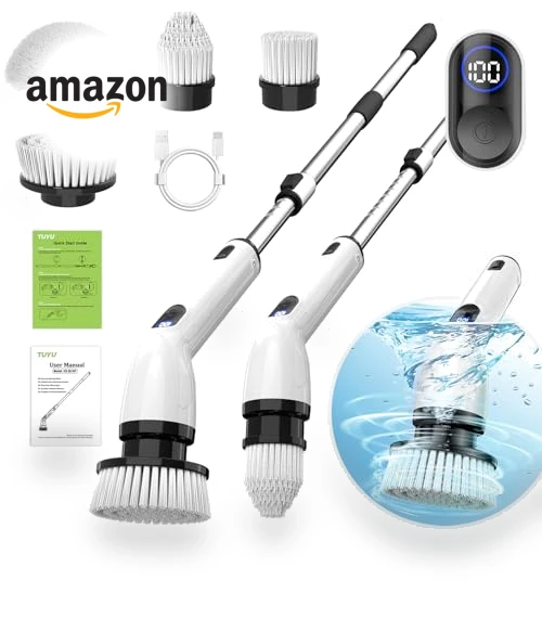 Electric Spin Scrubber with Adjustable Handle, 4 Brush Heads, IPX7 Waterproof — Brushes, TUYU