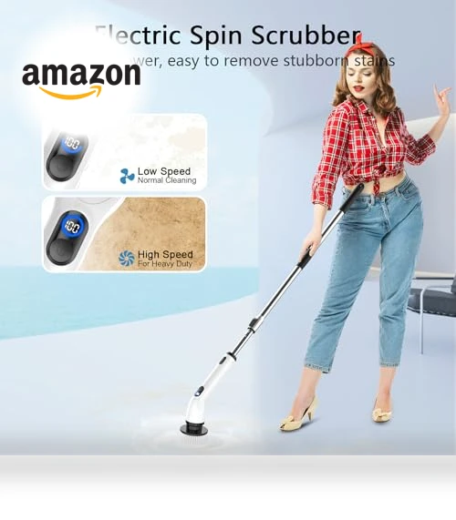 Electric Spin Scrubber with Adjustable Handle, 4 Brush Heads, IPX7 Waterproof — Brushes, TUYU