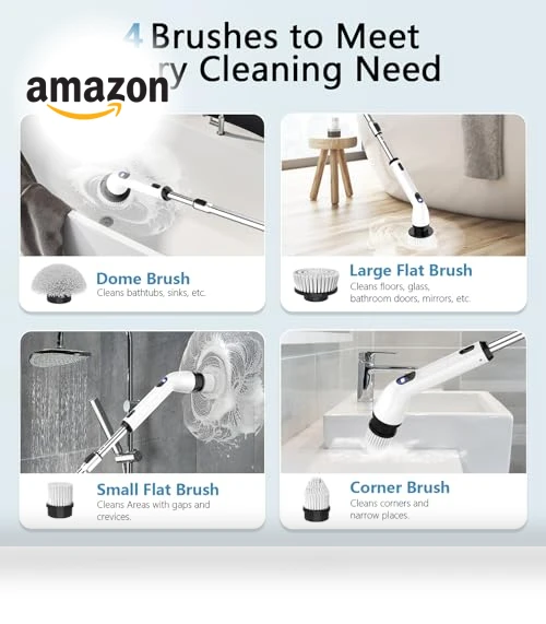 Electric Spin Scrubber with Adjustable Handle, 4 Brush Heads, IPX7 Waterproof — Brushes, TUYU