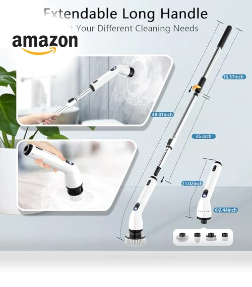 Electric Spin Scrubber with Adjustable Handle, 4 Brush Heads, IPX7 Waterproof — Brushes, TUYU