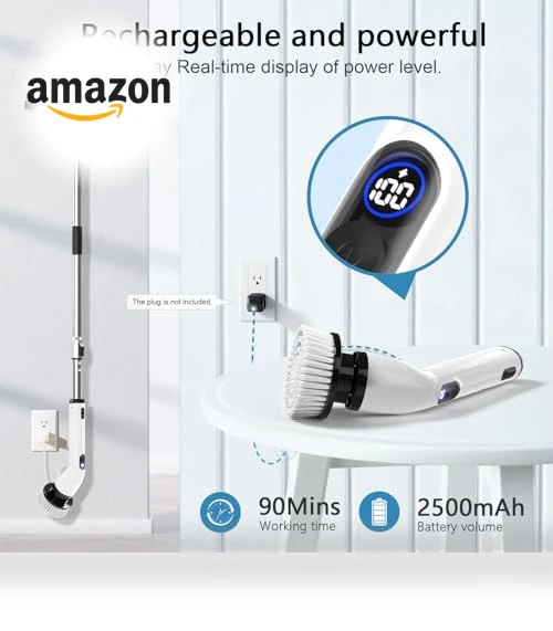 Electric Spin Scrubber with Adjustable Handle, 4 Brush Heads, IPX7 Waterproof — Brushes, TUYU