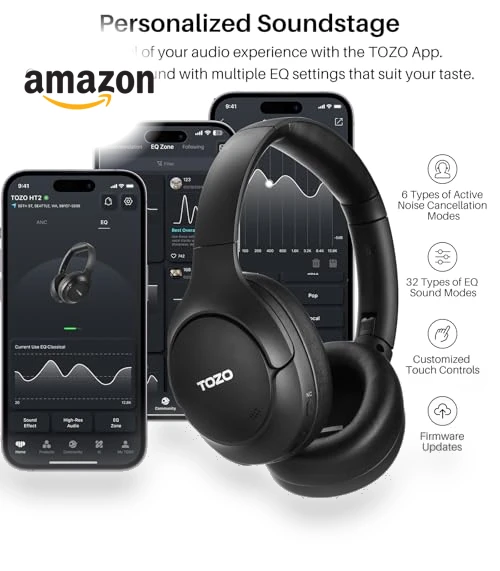 Hybrid Active Noise Cancelling Headphones, Wireless Over Ear Bluetooth Headset, 60H Playtime, Hi-Res Audio — In-Ear Headphones, TOZO