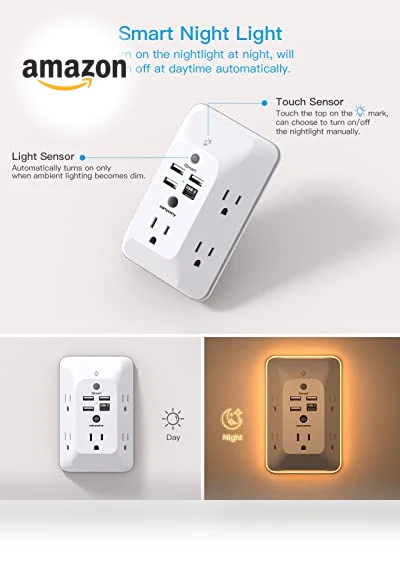 Outlet Extender with Night Light, Multi Plug Outlet, USB Wall Charger Surge Protector — Power Solutions & Surge Protection, HANYCONY