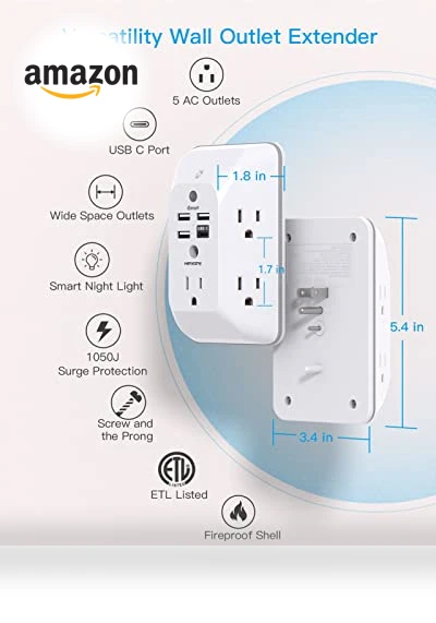 Outlet Extender with Night Light, Multi Plug Outlet, USB Wall Charger Surge Protector — Power Solutions & Surge Protection, HANYCONY