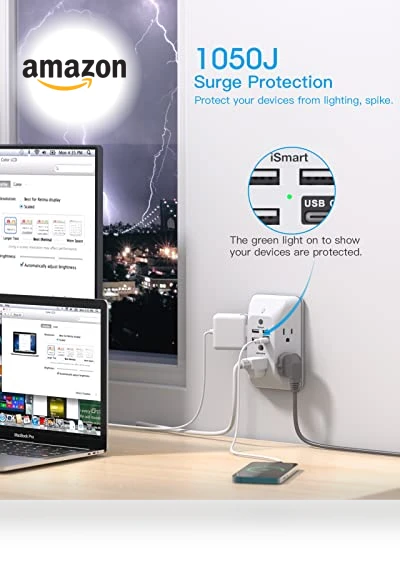 Outlet Extender with Night Light, Multi Plug Outlet, USB Wall Charger Surge Protector — Power Solutions & Surge Protection, HANYCONY