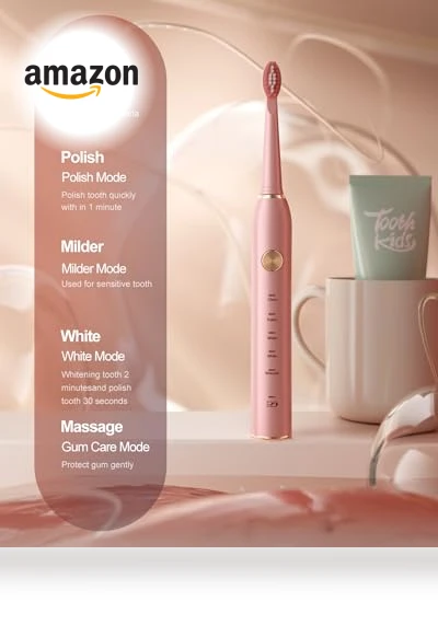 Sonic Electric Toothbrush for Adults, Smart Cleaning and Whitening, 5 Modes Selection 38000VPM Rechargeable — Ultrasonic, AJELU