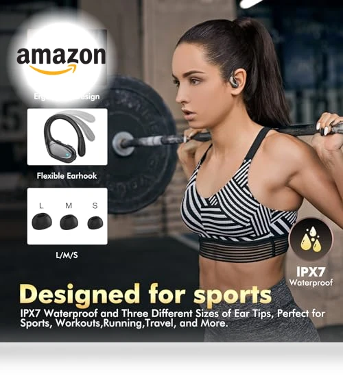 Sports Bluetooth Headphones with 80hr Playtime, Noise Canceling, IPX7 Waterproof — Headphones, Bcaikair