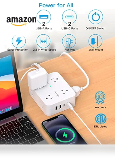 Surge Protector Power Strip with 8 Outlets and 4 USB Ports — Power Solutions & Surge Protection, HANYCONY