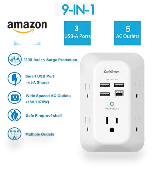 USB Wall Charger Surge Protector 5 Outlet Extender with 4 USB Charging Ports — Power Solutions & Surge Protection, Addtam