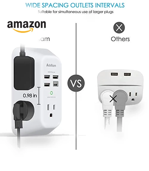 USB Wall Charger Surge Protector 5 Outlet Extender with 4 USB Charging Ports — Power Solutions & Surge Protection, Addtam