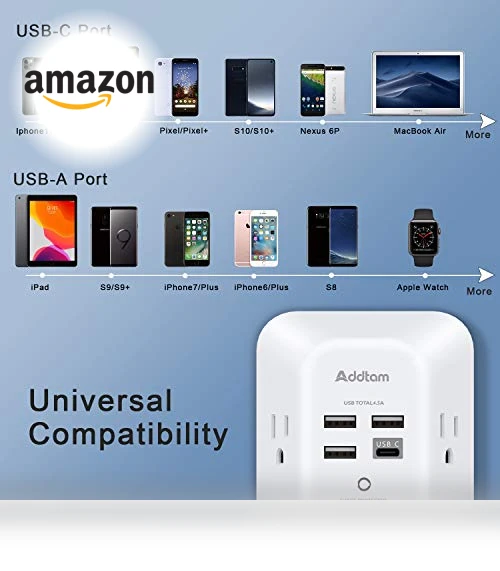 USB Wall Charger Surge Protector 5 Outlet Extender with 4 USB Charging Ports — Power Solutions & Surge Protection, Addtam