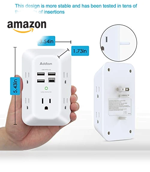 USB Wall Charger Surge Protector 5 Outlet Extender with 4 USB Charging Ports — Power Solutions & Surge Protection, Addtam