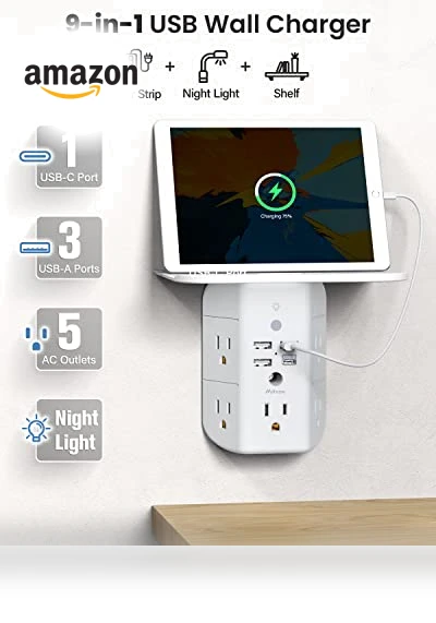 Wall Outlet Extender with Shelf and Night Light, Surge Protector, USB Wall Charger — Power Solutions & Surge Protection, MIFASOPOWER