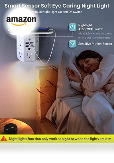 Wall Outlet Extender with Shelf and Night Light, Surge Protector, USB Wall Charger — Power Solutions & Surge Protection, MIFASOPOWER