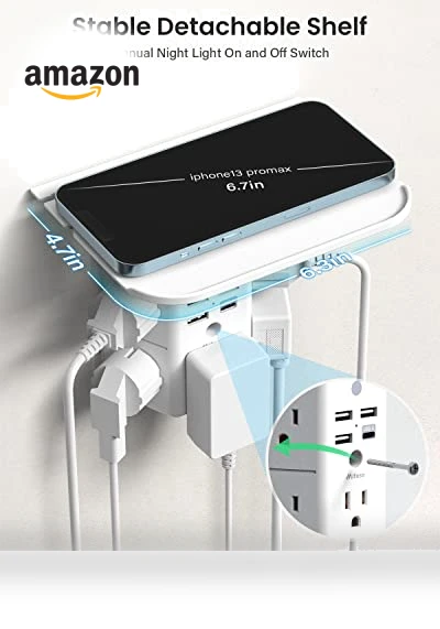 Wall Outlet Extender with Shelf and Night Light, Surge Protector, USB Wall Charger — Power Solutions & Surge Protection, MIFASOPOWER