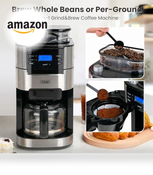 10-Cup Drip Coffee Maker with Built-in Grinder, Programmable Brew Coffee Machine — Electric Blade Coffee Grinders, Gevi