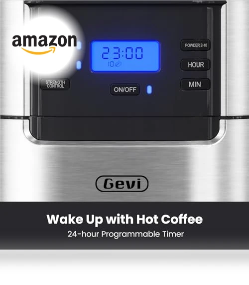 10-Cup Drip Coffee Maker with Built-in Grinder, Programmable Brew Coffee Machine — Electric Blade Coffee Grinders, Gevi
