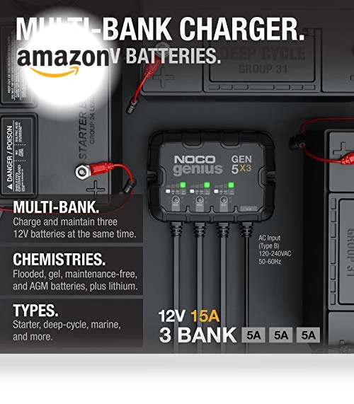 3-Bank Smart Marine Battery Charger, 15A Waterproof Onboard Boat Charger — Battery Chargers, NOCO